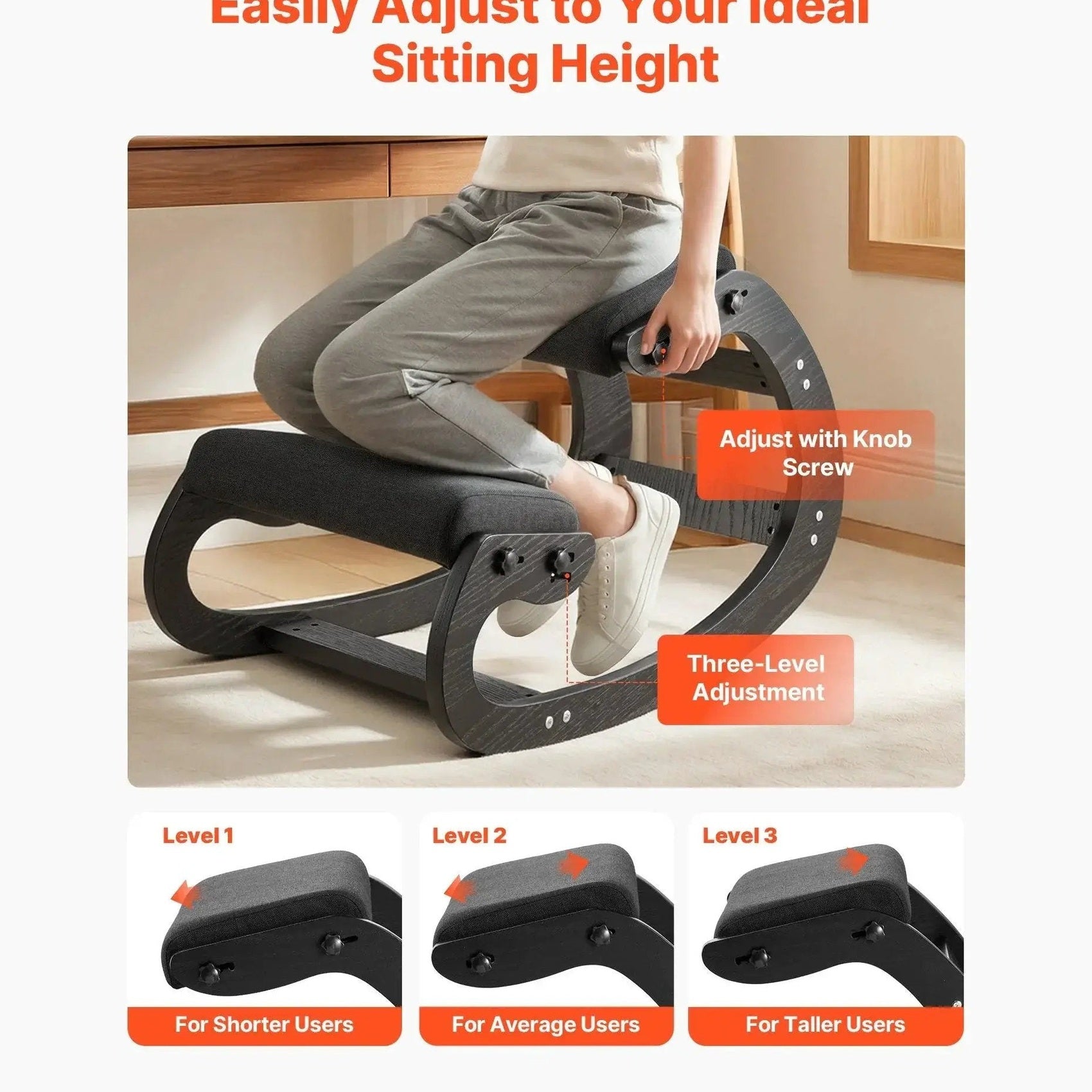 Platinum-Level Office Chairs VEVOR ergonomic kneeling chair with wooden frame, adjustable height, thick cushions for posture support.
