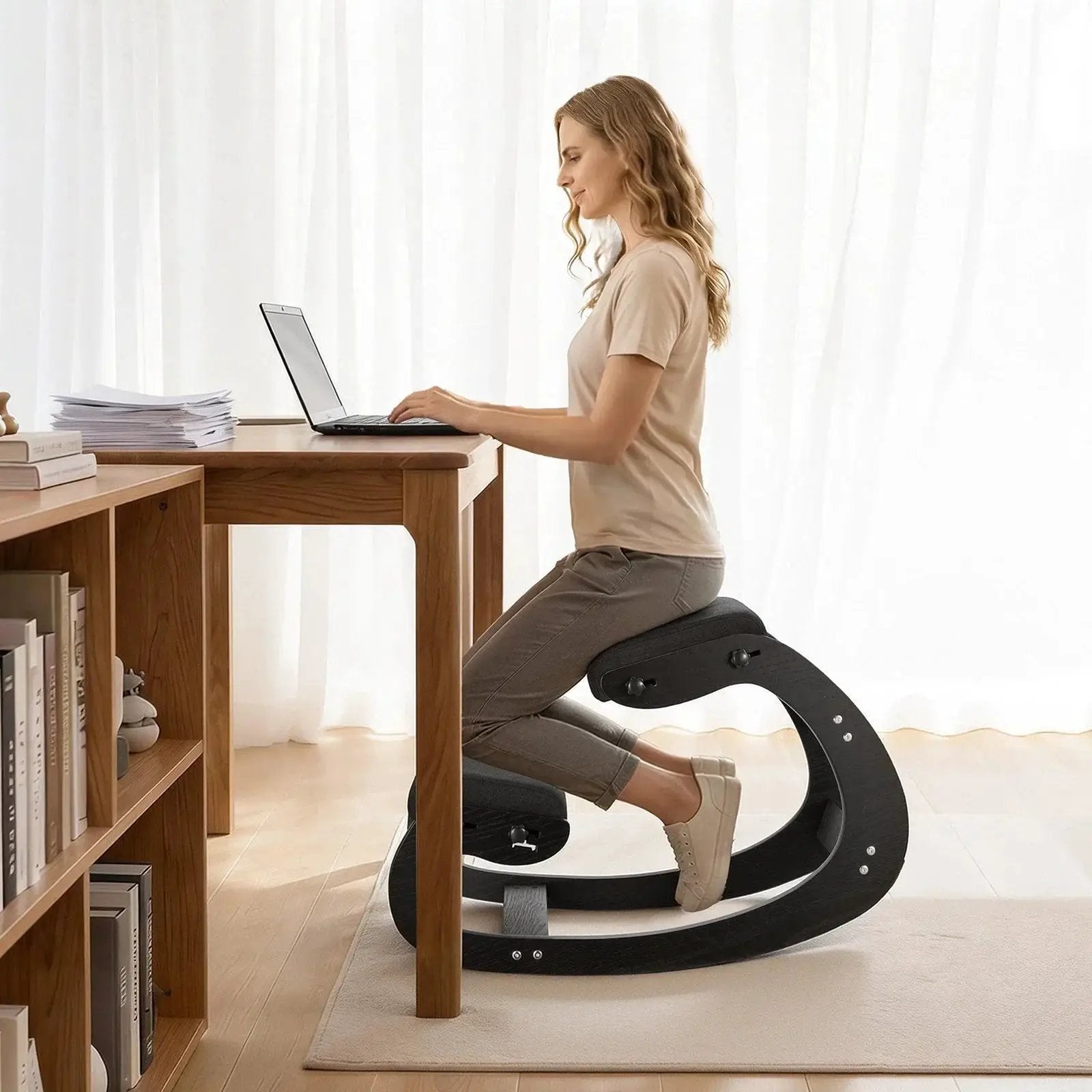 Platinum-Level Office Chairs VEVOR ergonomic kneeling chair with wooden frame, adjustable height, thick cushions for posture support.