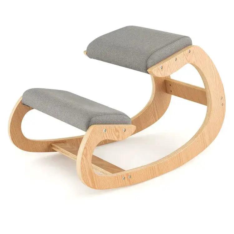 Gray wooden ergonomic rocking chair with padded knee support, designed for home office use by Platinum-Level Office Chairs.