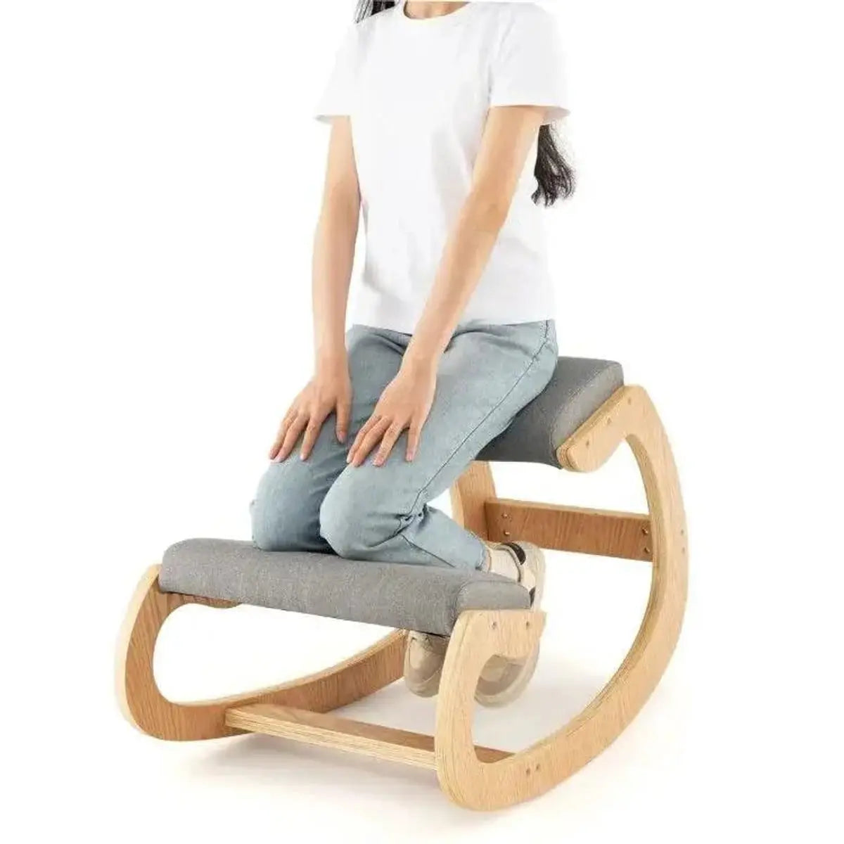 Gray wooden ergonomic rocking chair with padded knee support, designed for home office comfort and ergonomic seating.