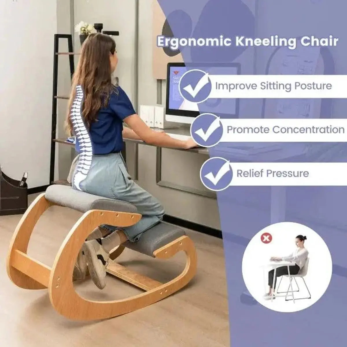 Gray wooden ergonomic rocking chair with padded knee support, designed for home office use by Platinum-Level Office Chairs.