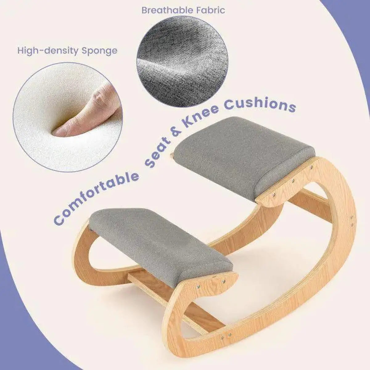 Gray wooden rocking chair with padded knee support, ergonomic design by Platinum-Level Office Chairs for home office comfort.