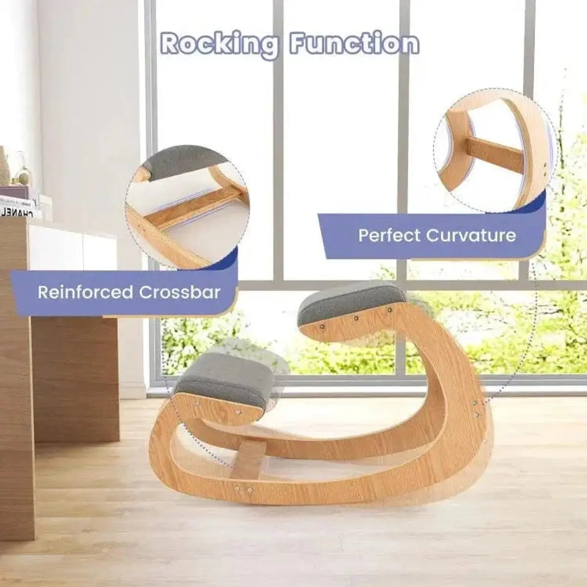 Gray wooden rocking chair with padded knee support, ergonomic design, ideal for home office use by Platinum-Level Office Chairs.