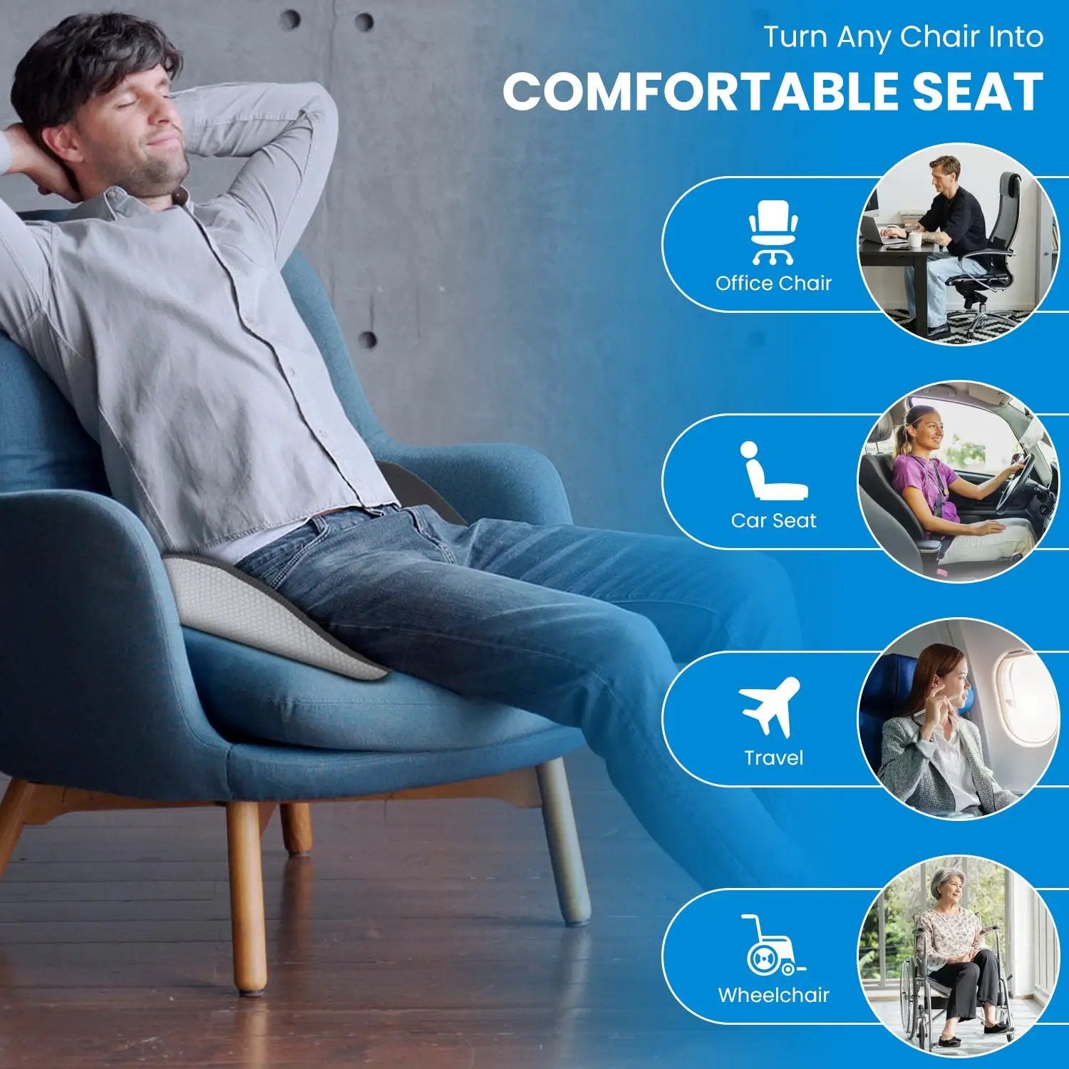 Grey ergonomic memory foam seat cushion by Platinum-Level Office Chairs, designed for office workers for added comfort and support.