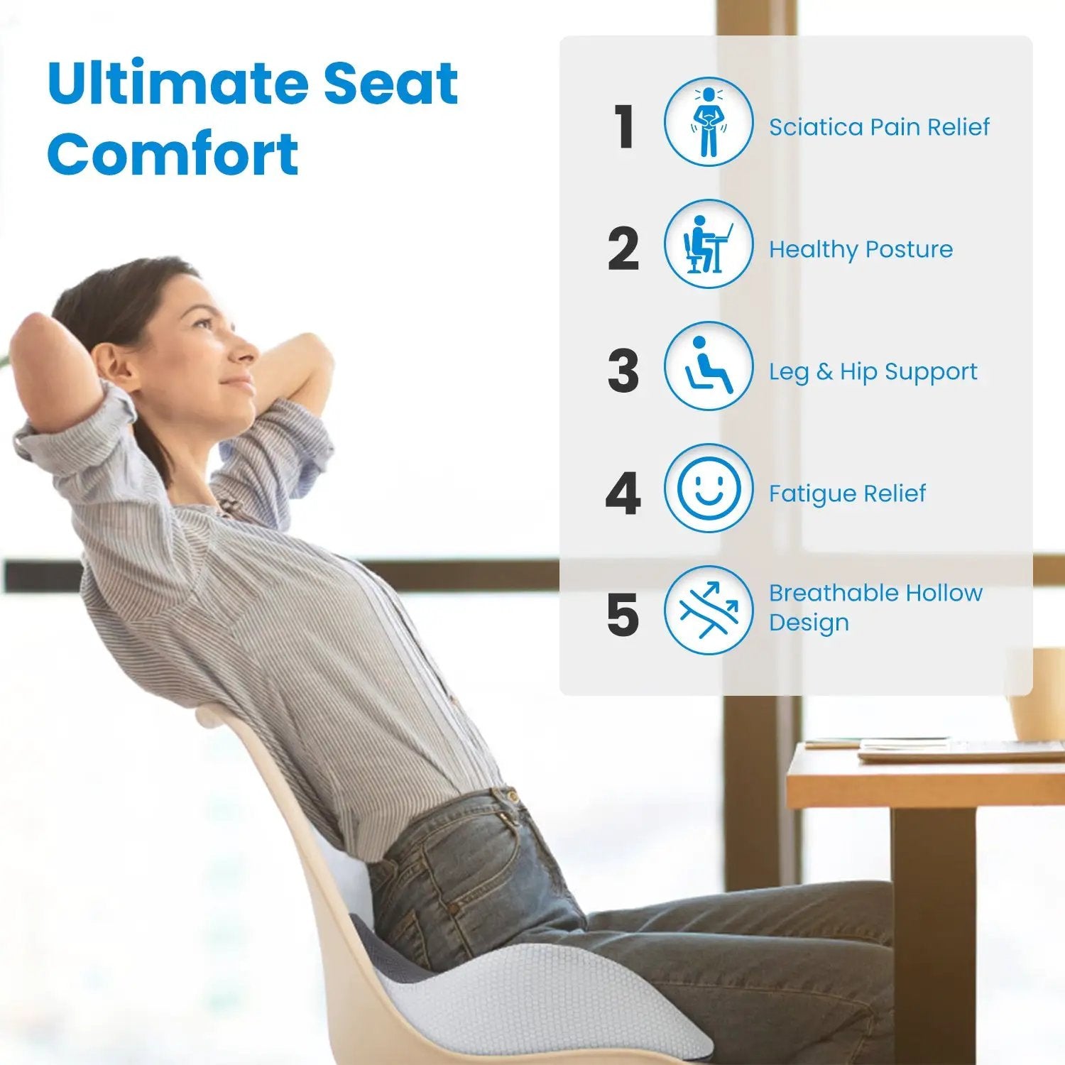 Grey ergonomic memory foam seat cushion from Platinum-Level Office Chairs designed for office workers' comfort and support.