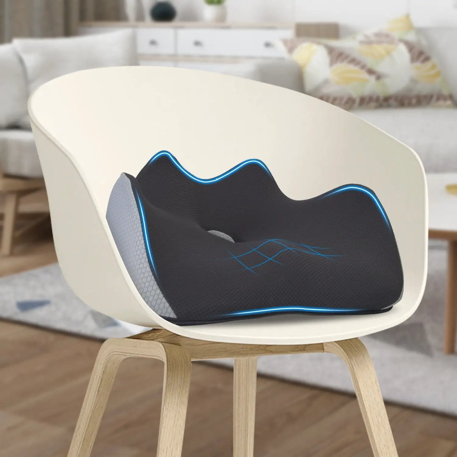 Gray ergonomic memory foam seat cushion by Platinum-Level Office Chairs designed for office workers' comfort and support.