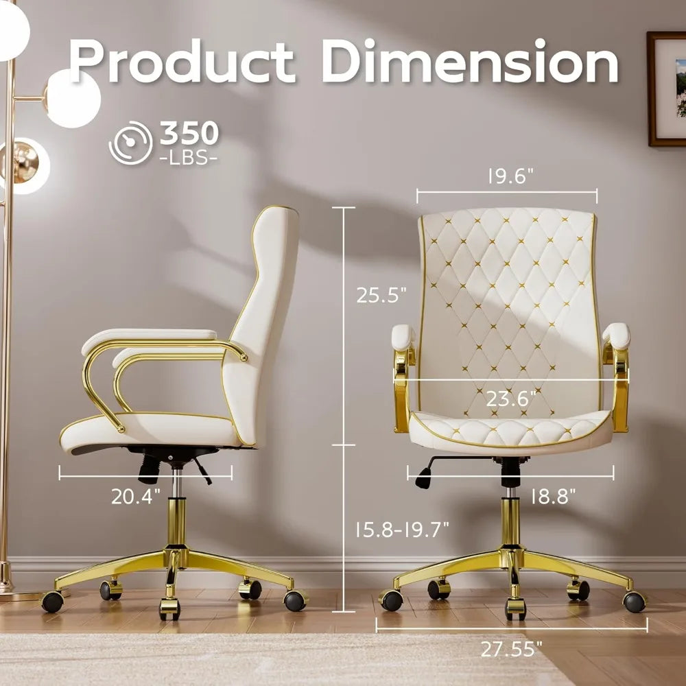 White and Gold Mid Back Executive Desk Chair with Soft Leather Upholstery - Platinum-Level Office Chairs