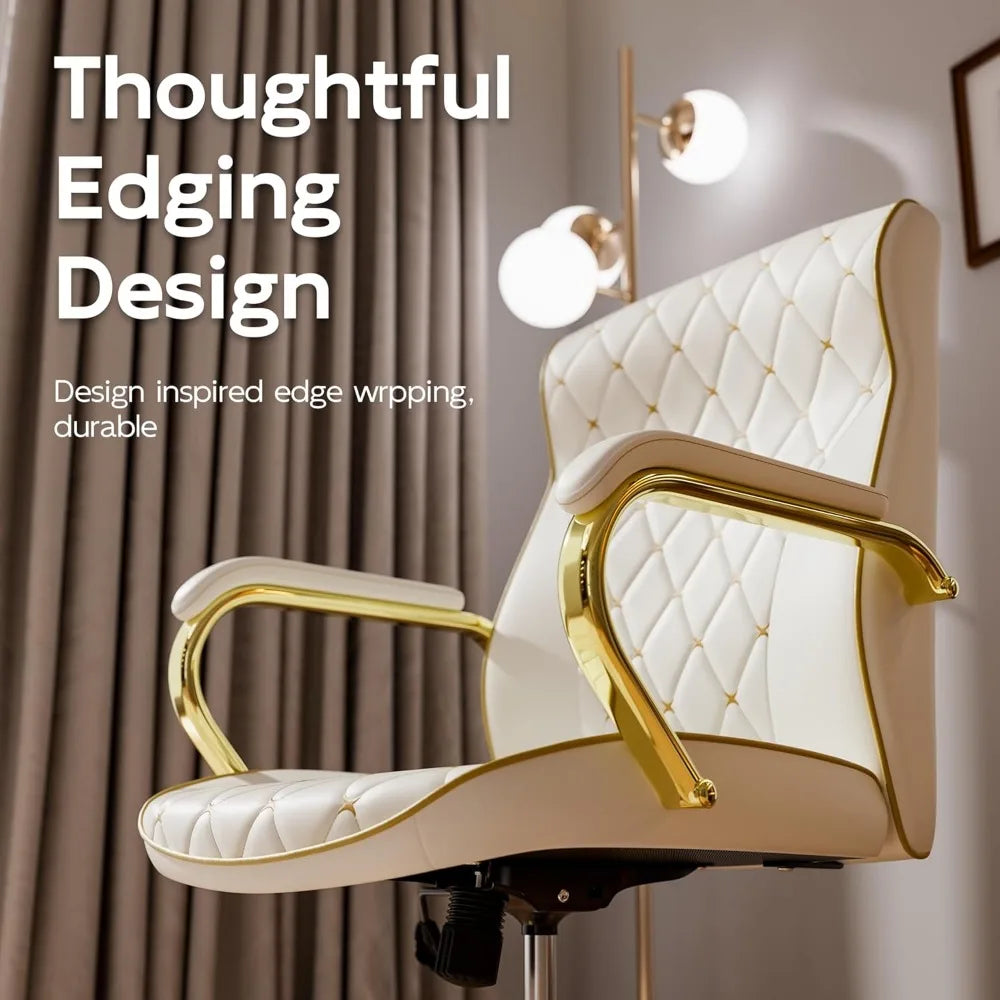White and Gold Mid Back Executive Desk Chair with Soft Leather Upholstery - Platinum-Level Office Chairs
