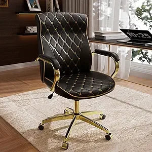 White and Gold Mid Back Executive Desk Chair with Soft Leather Upholstery - Platinum-Level Office Chairs
