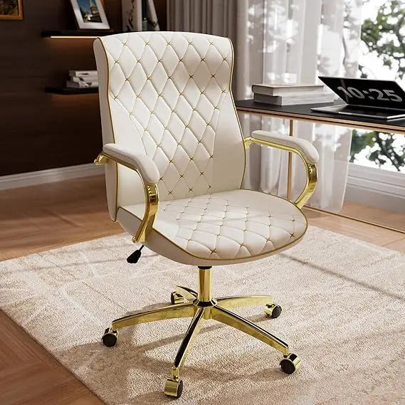 White and Gold Mid Back Executive Desk Chair with Soft Leather Upholstery - Platinum-Level Office Chairs