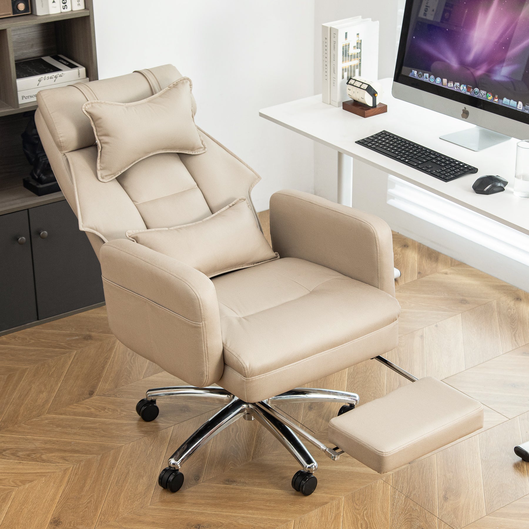 Beige Swivel Ergonomic Office Chair With Headrest Reclining - Platinum-Level Office Chairs