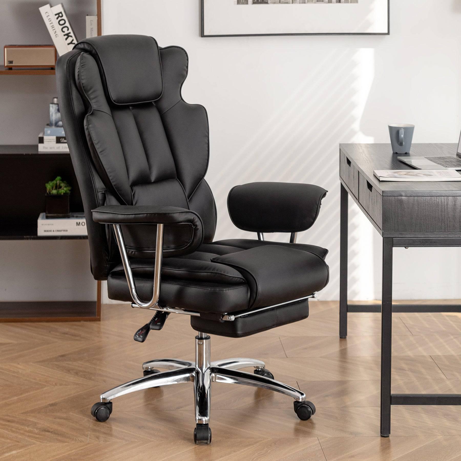 Big and Tall Ergonomic Executive Office Chair with Footrest - Black Leather Reclining Desk Chair for Home Office - Platinum-Level Office Chairs