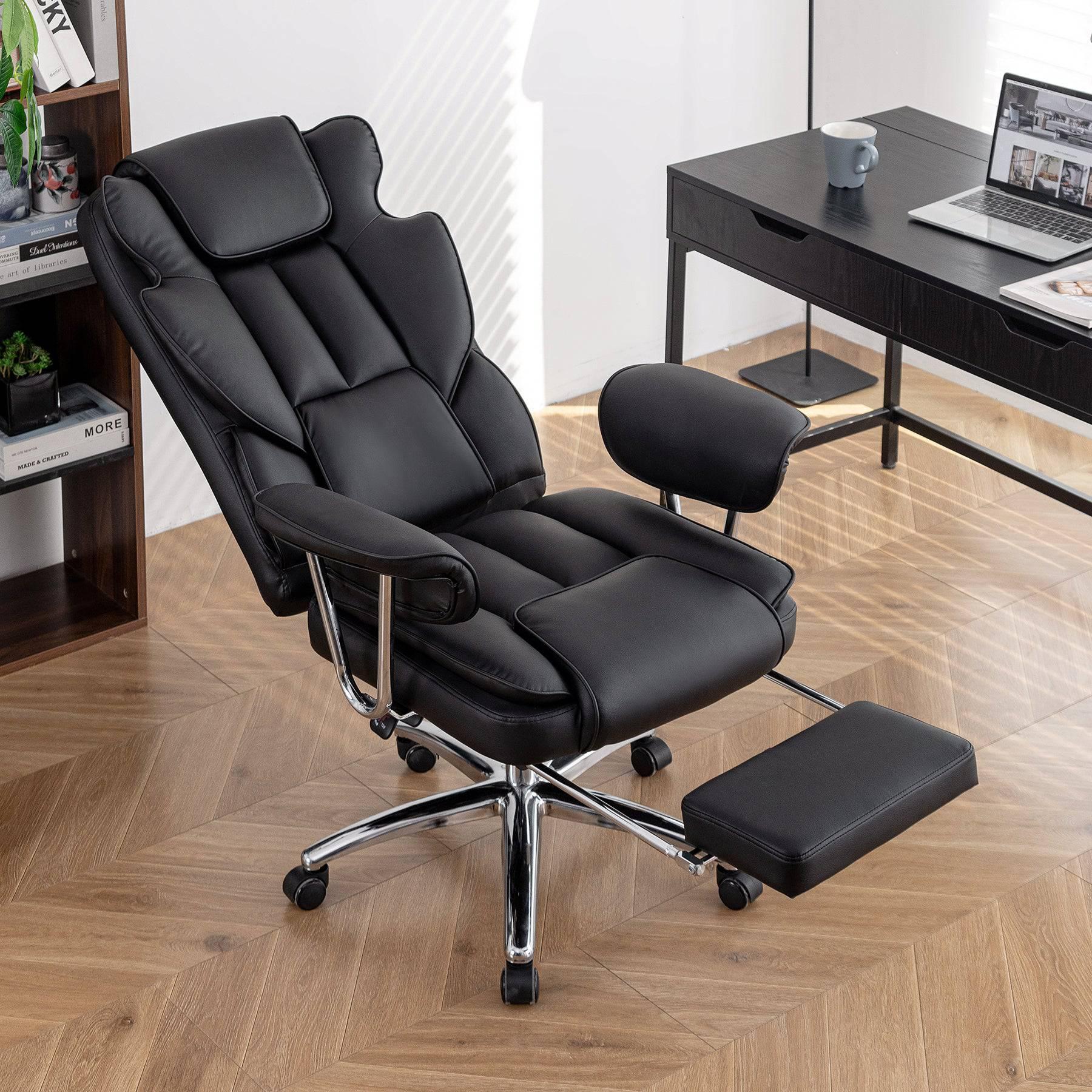 Big and Tall Ergonomic Executive Office Chair with Footrest - Black Leather Reclining Desk Chair for Home Office - Platinum-Level Office Chairs