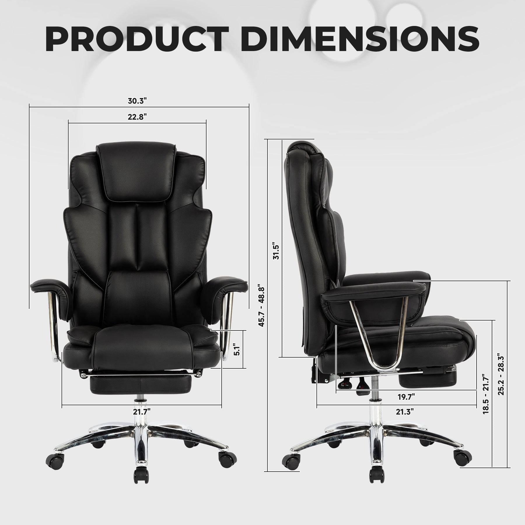 Big and Tall Ergonomic Executive Office Chair with Footrest - Black Leather Reclining Desk Chair for Home Office - Platinum-Level Office Chairs