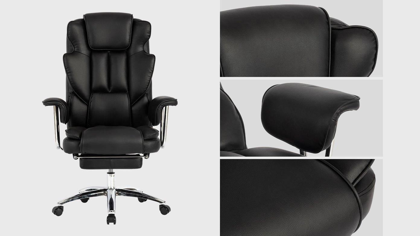Big and Tall Ergonomic Executive Office Chair with Footrest - Black Leather Reclining Desk Chair for Home Office - Platinum-Level Office Chairs