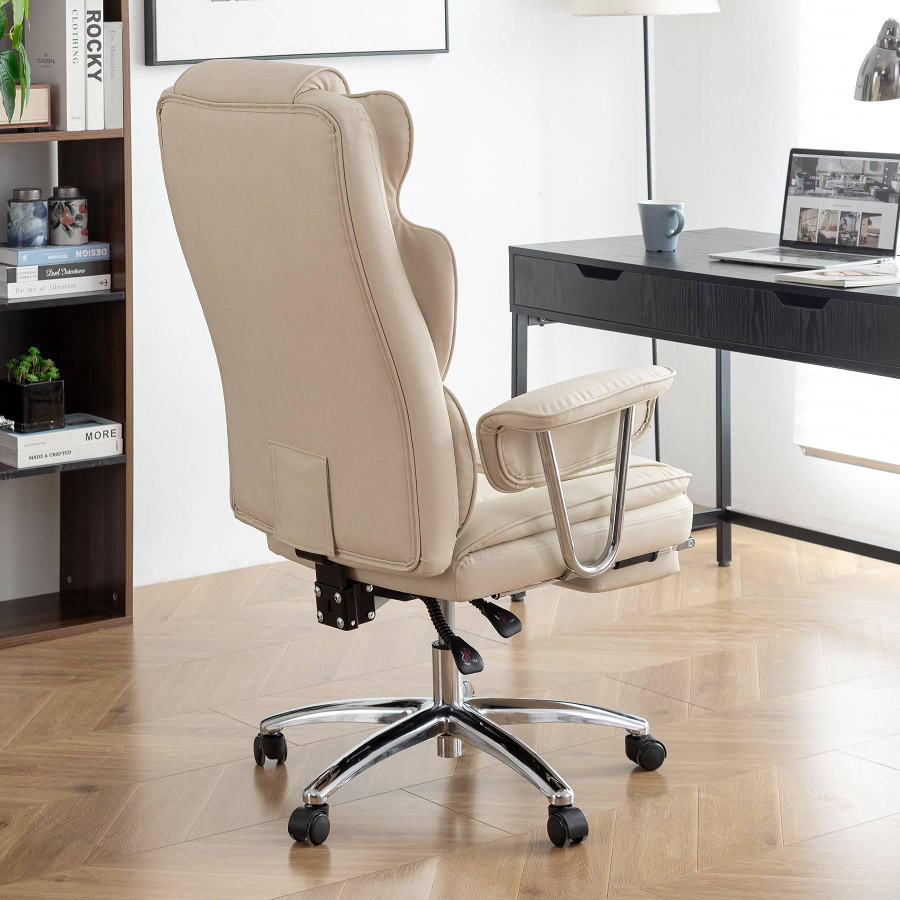 Big & Tall Ergonomic Executive Office Chair with Footrest - Beige PU Leather High Back Computer Chair for Home Office - Platinum-Level Office Chairs