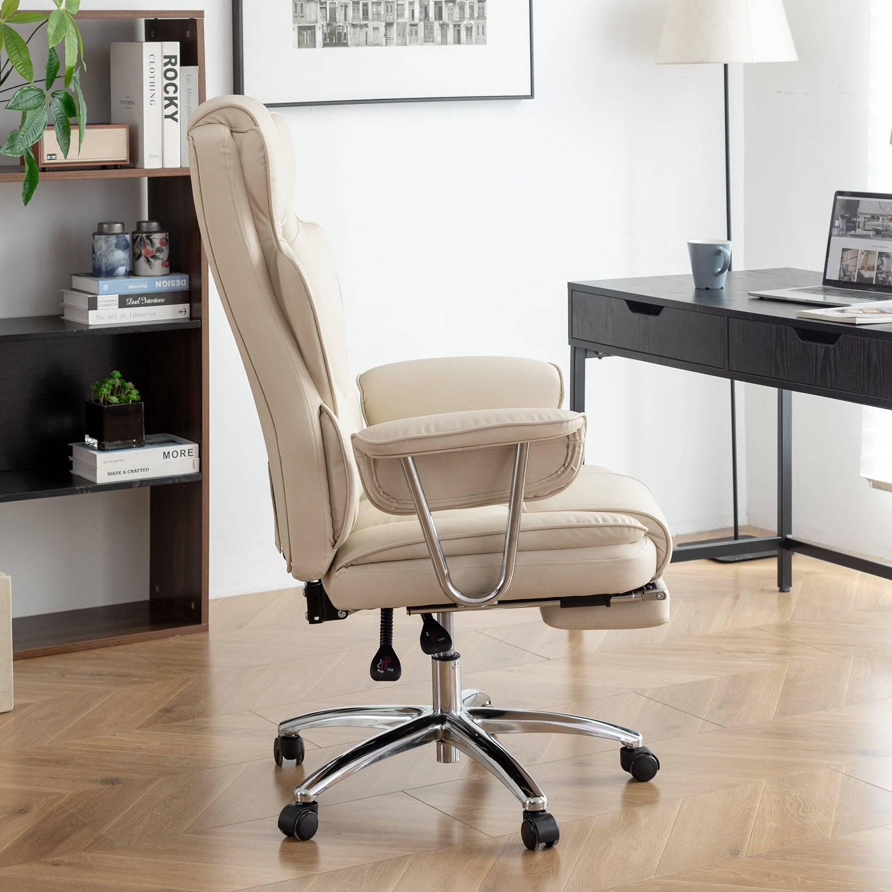 Big & Tall Ergonomic Executive Office Chair with Footrest - Beige PU Leather High Back Computer Chair for Home Office - Platinum-Level Office Chairs