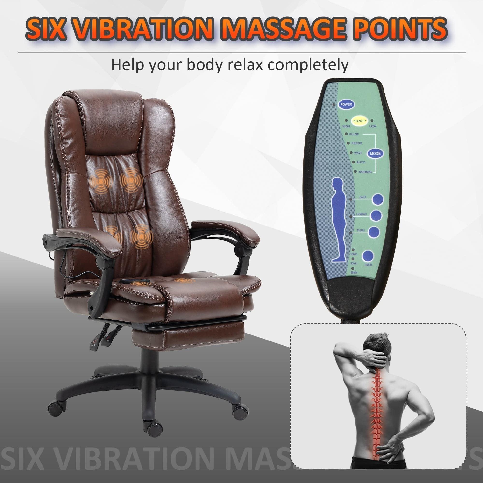 Luxurious High Back Massage Executive Chair with 6-Point Vibration, Adjustable Recline, PU Leather Upholstery, and Retractable Footrest in Brown - Platinum-Level Office Chairs