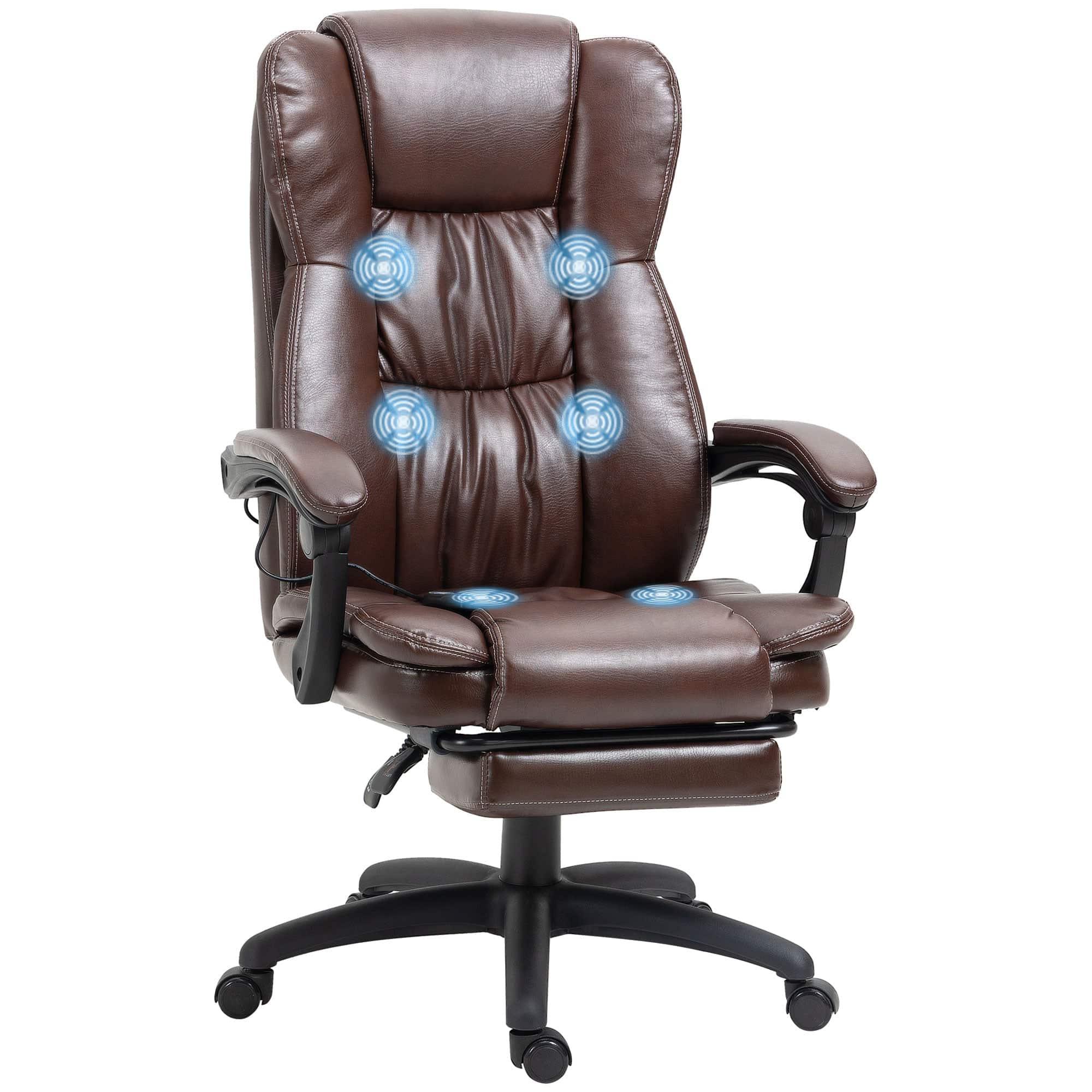 Luxurious High Back Massage Executive Chair with 6-Point Vibration, Adjustable Recline, PU Leather Upholstery, and Retractable Footrest in Brown - Platinum-Level Office Chairs