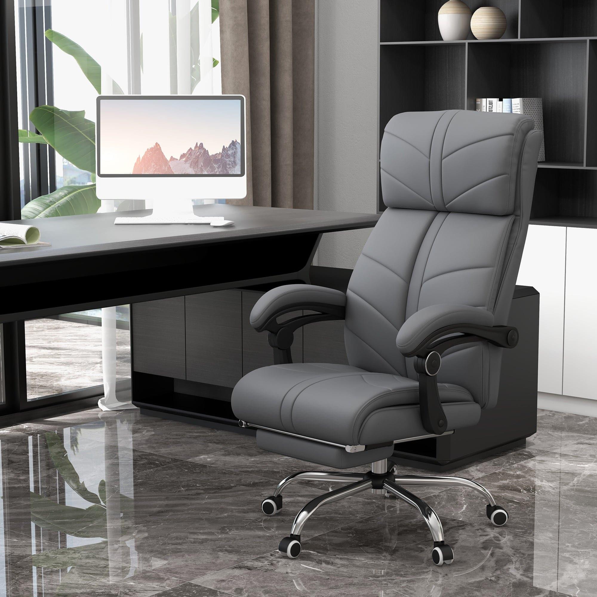 Luxury Heated Reclining Executive Office Chair with Vibration Massage, Adjustable Height, and Swivel Wheels in Gray PU Leather - Platinum-Level Office Chairs
