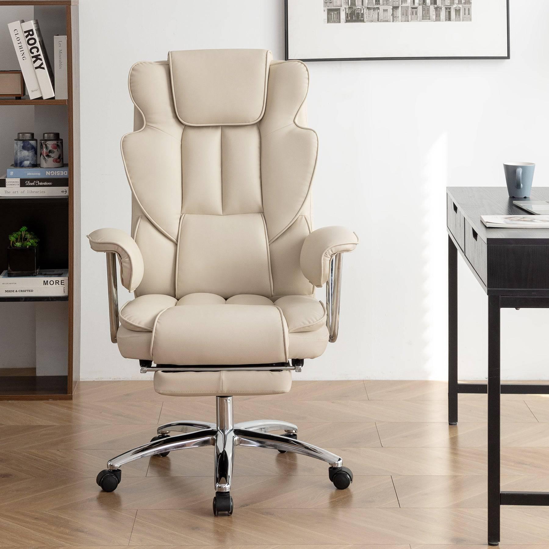 Big & Tall Ergonomic Executive Office Chair with Footrest - Beige PU Leather High Back Computer Chair for Home Office - Platinum-Level Office Chairs