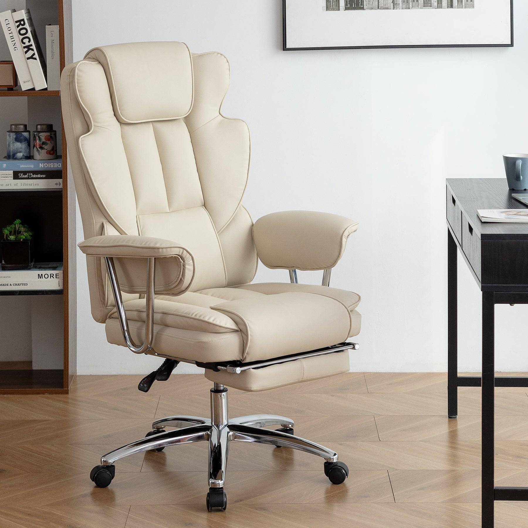 Big & Tall Ergonomic Executive Office Chair with Footrest - Beige PU Leather High Back Computer Chair for Home Office - Platinum-Level Office Chairs