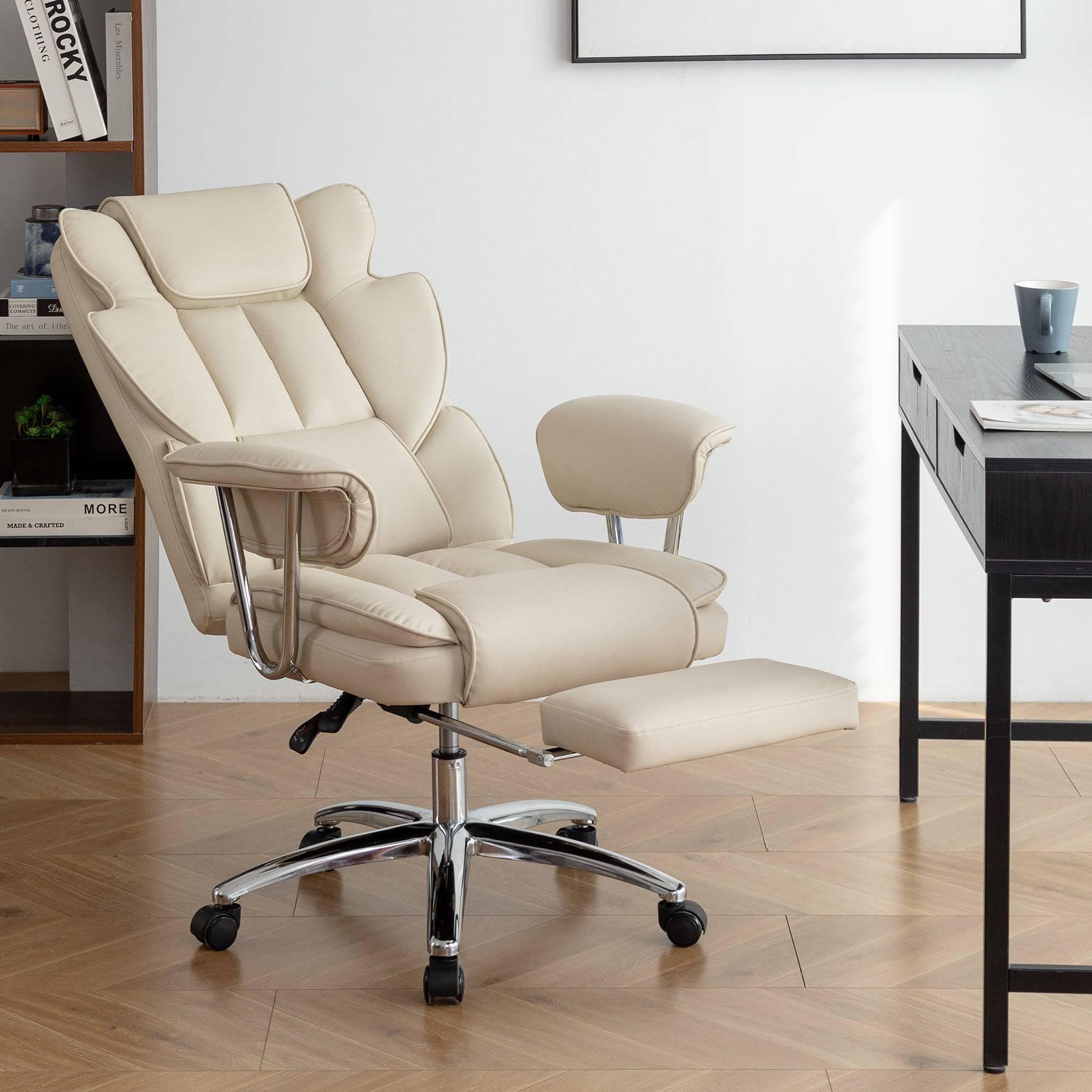 Big & Tall Ergonomic Executive Office Chair with Footrest - Beige PU Leather High Back Computer Chair for Home Office - Platinum-Level Office Chairs
