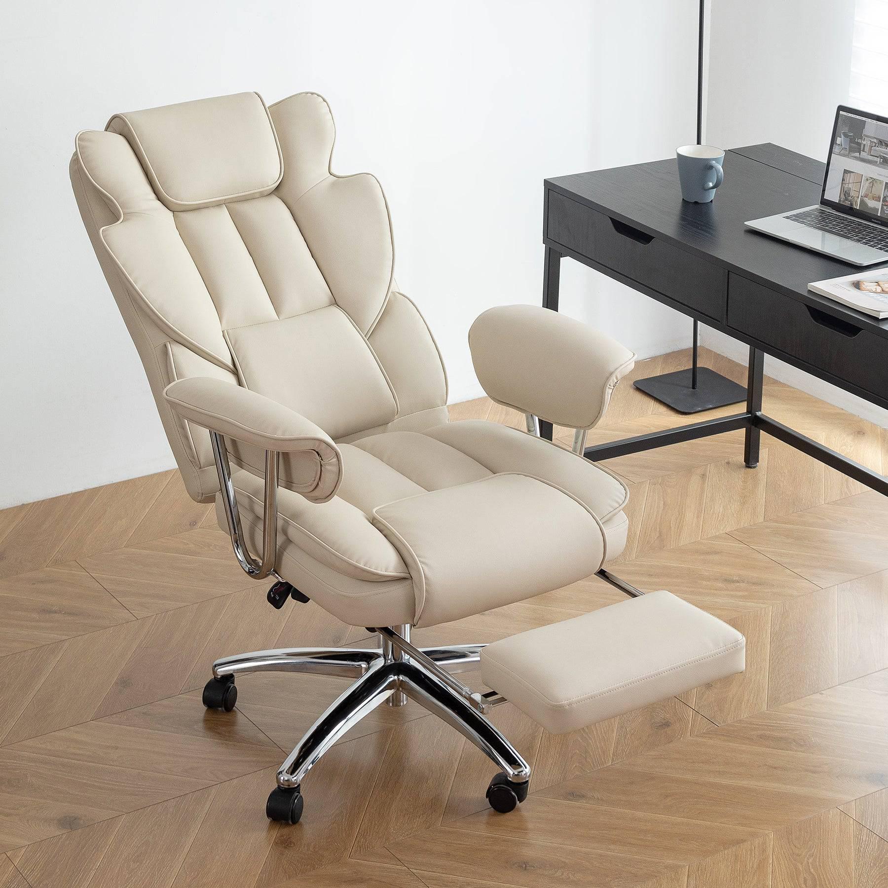 Big & Tall Ergonomic Executive Office Chair with Footrest - Beige PU Leather High Back Computer Chair for Home Office - Platinum-Level Office Chairs