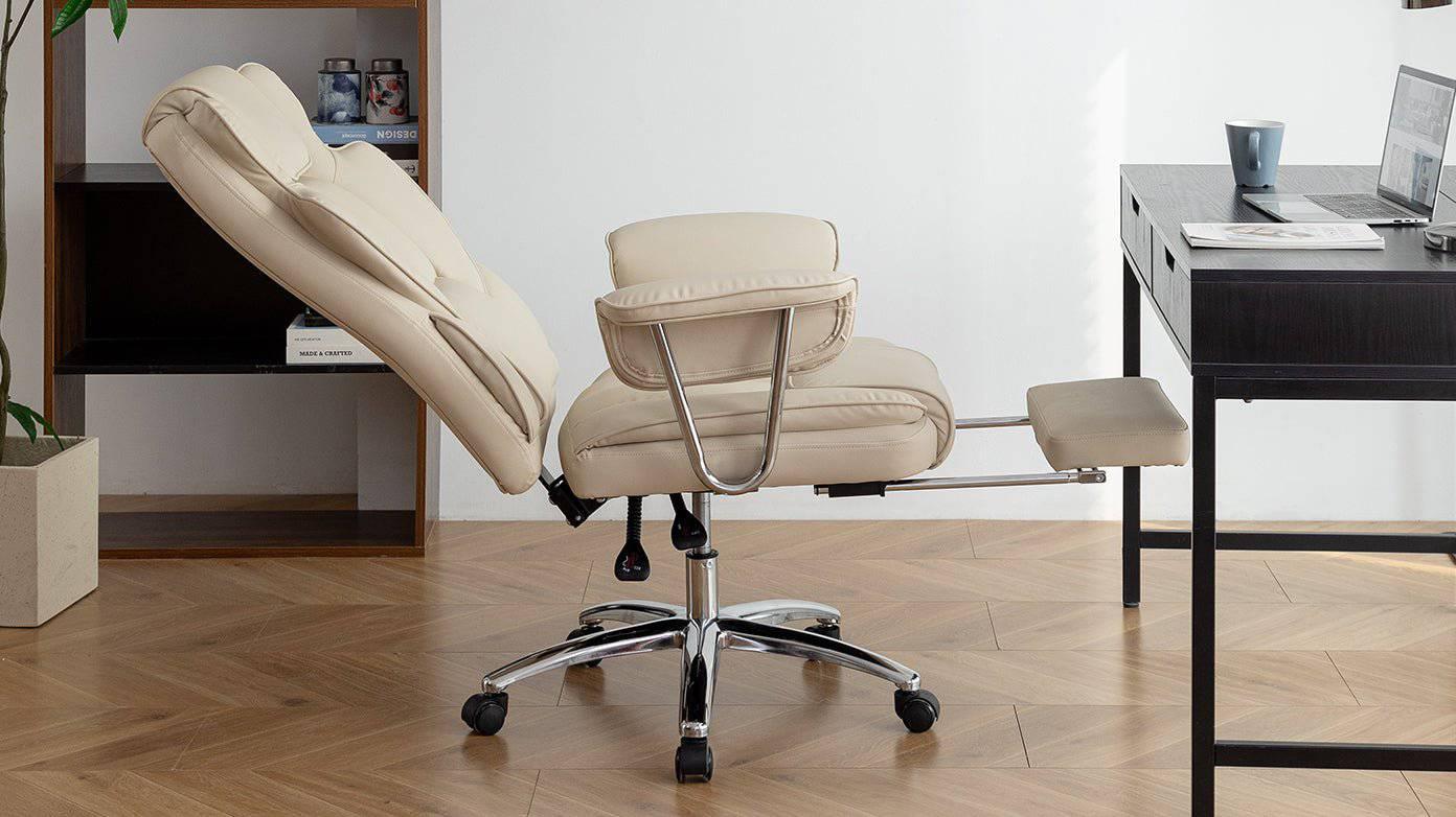 Big & Tall Ergonomic Executive Office Chair with Footrest - Beige PU Leather High Back Computer Chair for Home Office - Platinum-Level Office Chairs