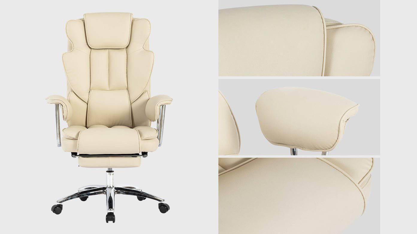 Big & Tall Ergonomic Executive Office Chair with Footrest - Beige PU Leather High Back Computer Chair for Home Office - Platinum-Level Office Chairs