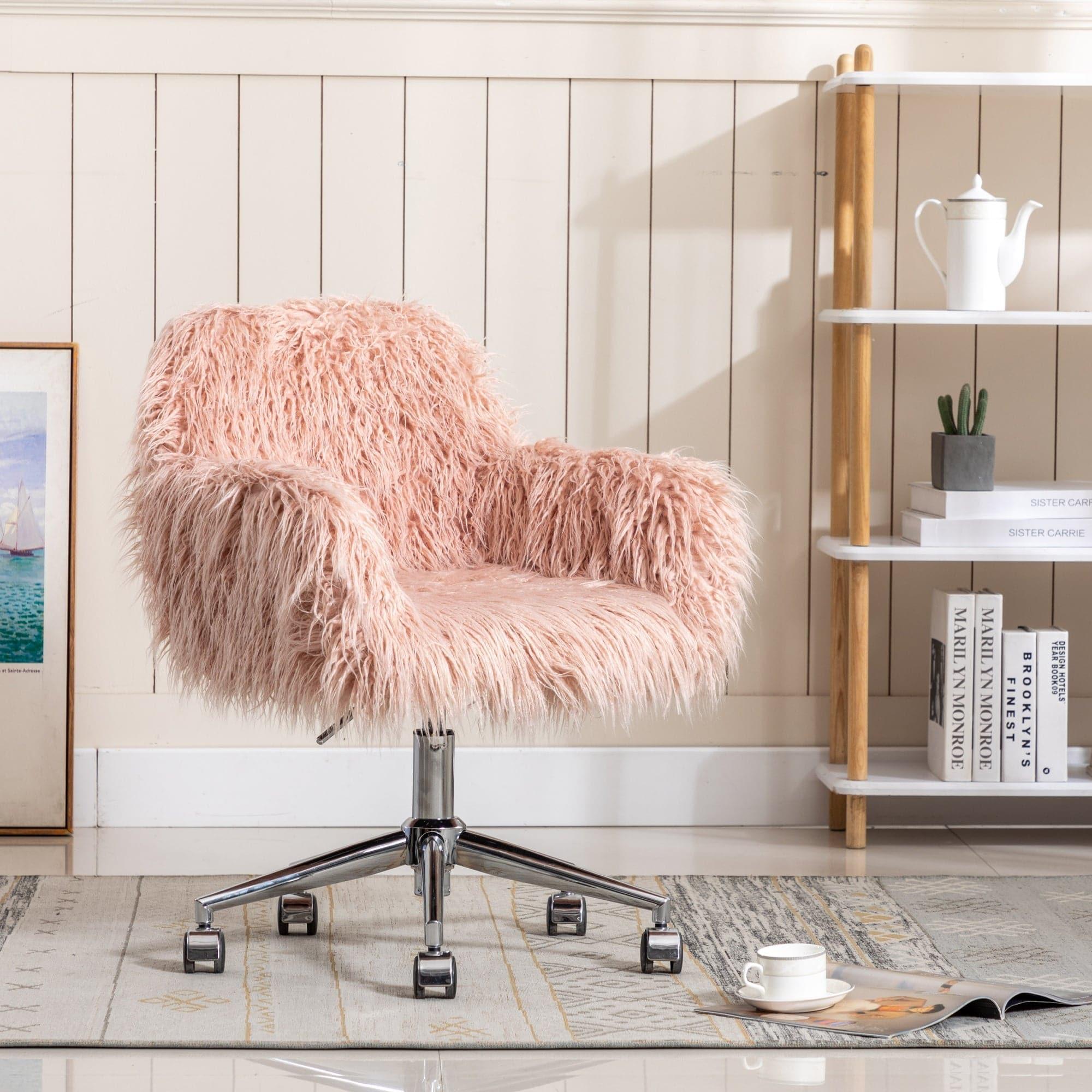 Chic Pink Faux Fur Adjustable Office Chair with Chrome Base for Makeup & Vanity Use - Platinum-Level Office Chairs