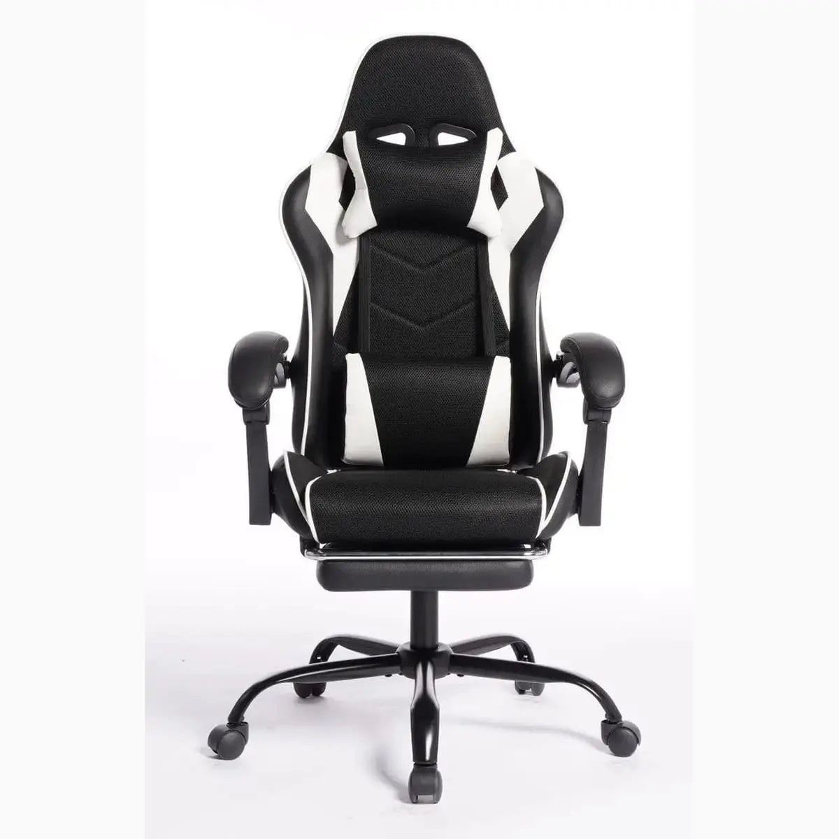 Black and white ergonomic esports gaming chair by Platinum-Level Office Chairs with massage lumbar pillow and adjustable headrest.