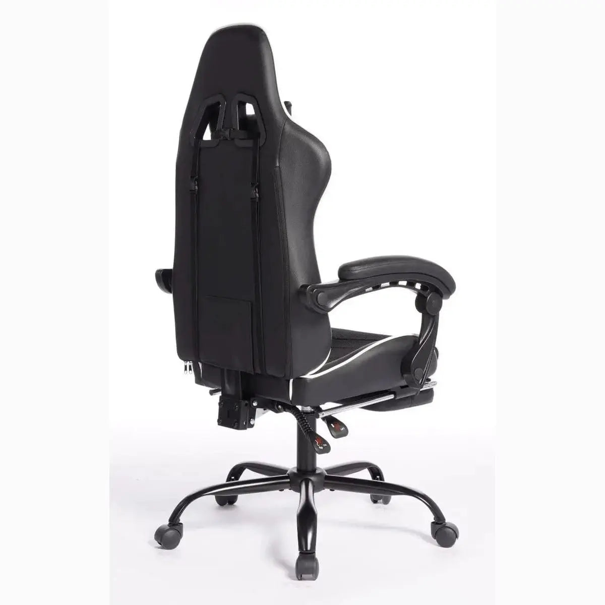 Black and white ergonomic gaming chair by Platinum-Level Office Chairs with massage lumbar pillow and adjustable headrest for pro comfort.