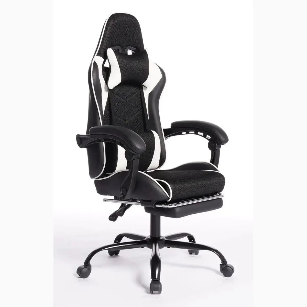 Black and white ergonomic esports gaming chair with massage lumbar pillow, headrest, and recline feature for pro-level comfort.