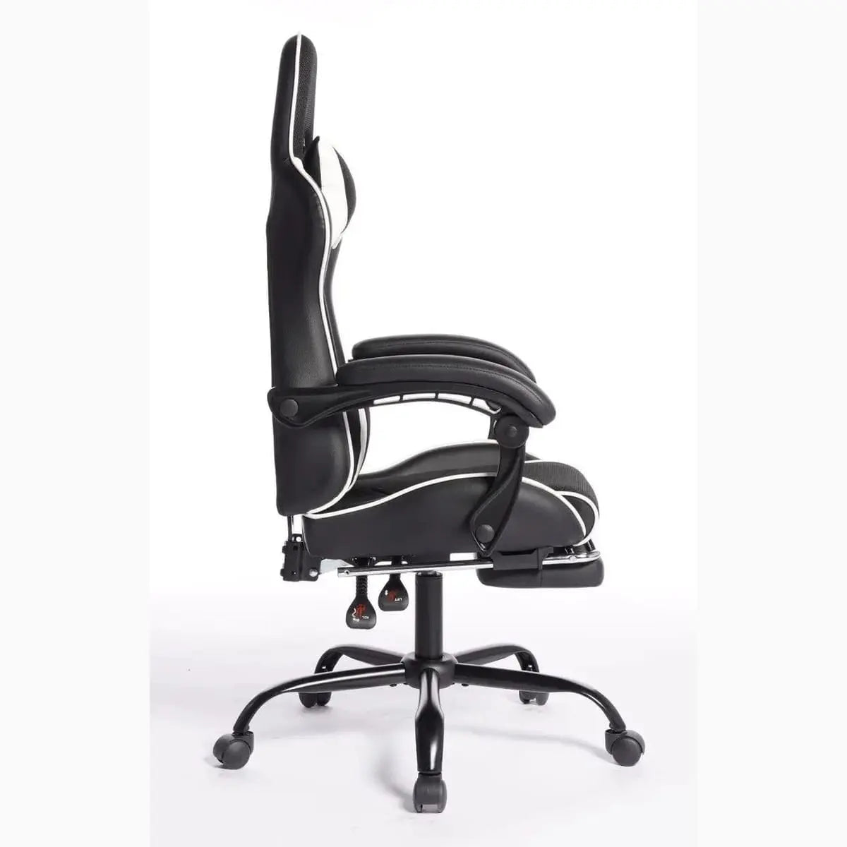 Black and white ergonomic gaming chair by Platinum-Level Office Chairs with massage lumbar pillow, headrest, and recline for pro-level comfort.