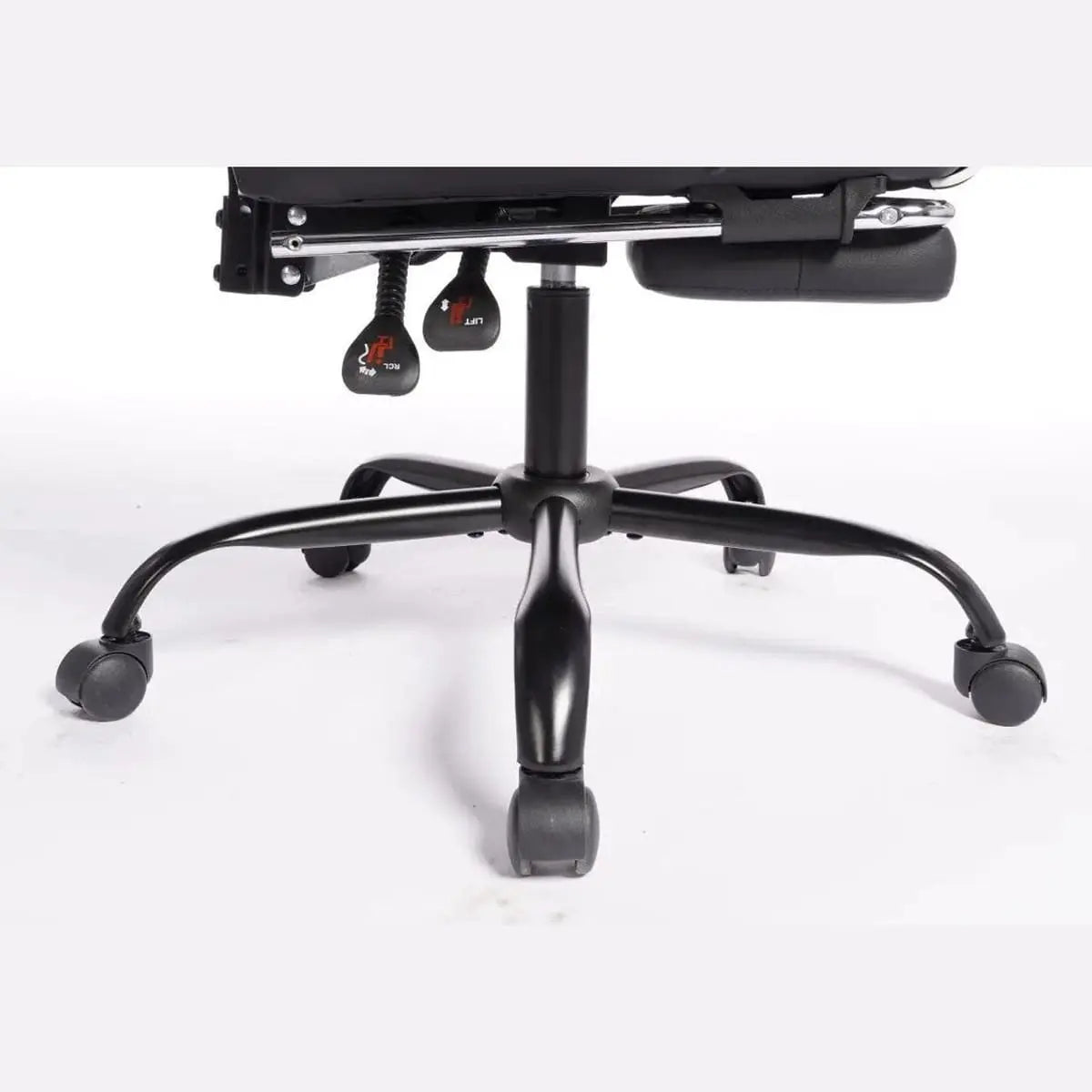 Black and white ergonomic gaming chair with massage lumbar pillow, headrest, and recline feature by Platinum-Level Office Chairs.