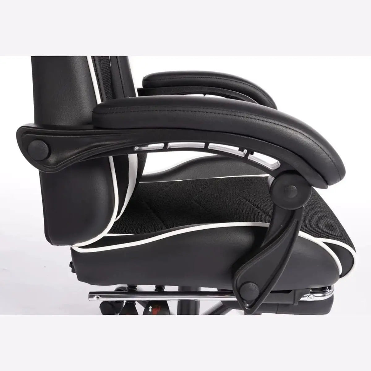Black and white ergonomic esports gaming chair by Platinum-Level Office Chairs with massage lumbar pillow and adjustable headrest.