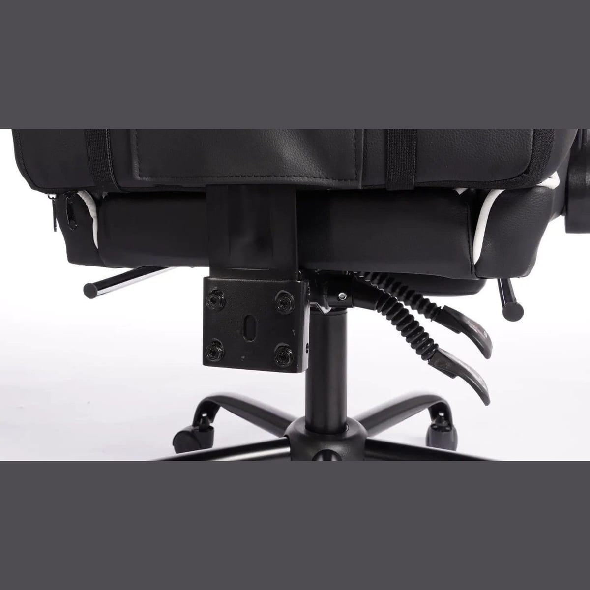 Black and white ergonomic esports gaming chair with massage lumbar pillow, headrest, and recline feature by Platinum-Level Office Chairs.