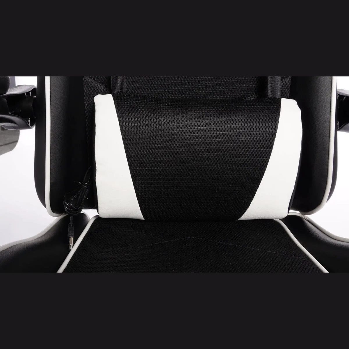 Black and white ergonomic gaming chair by Platinum-Level Office Chairs with massage lumbar pillow, headrest, and recline feature.