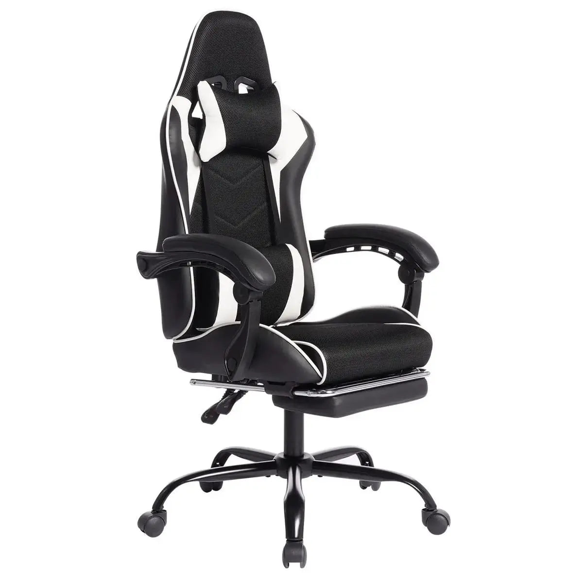 Black and white ergonomic esports gaming chair by Platinum-Level Office Chairs with massage lumbar pillow and adjustable headrest.