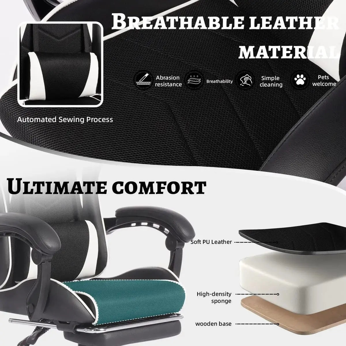 Black and white ergonomic esports gaming chair by Platinum-Level Office Chairs with massage lumbar pillow, headrest, and recline feature.