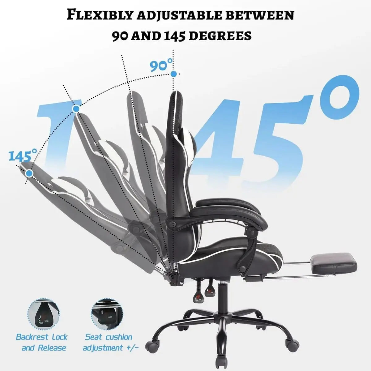 Black and white ergonomic gaming chair by Platinum-Level Office Chairs with massage lumbar pillow and headrest, reclines for comfort.