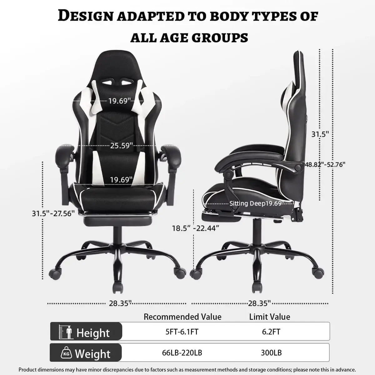 Black and white ergonomic esports gaming chair by Platinum-Level Office Chairs with massage lumbar pillow and recline for comfort.