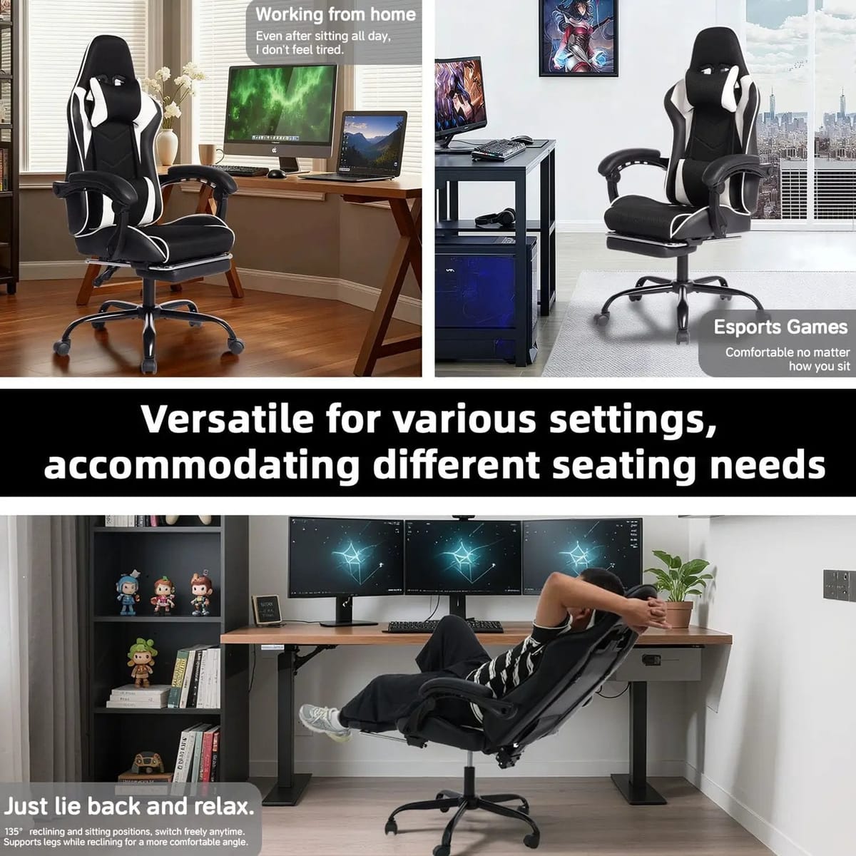 Black and white ergonomic gaming chair with massage lumbar pillow and headrest, designed for pro-level comfort and recline.