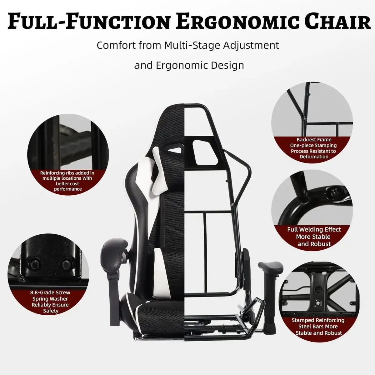 Black and white ergonomic gaming chair by Platinum-Level Office Chairs with massage lumbar pillow and adjustable headrest.