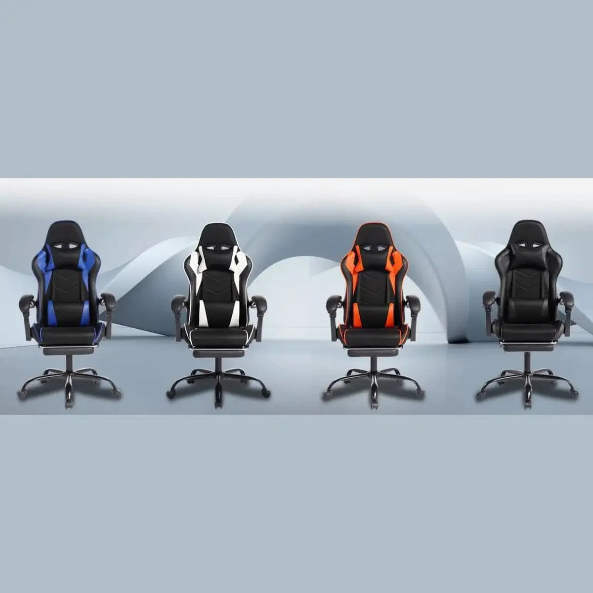 Black and white ergonomic esports gaming chair with massage lumbar pillow, headrest, recline feature, by Platinum-Level Office Chairs.