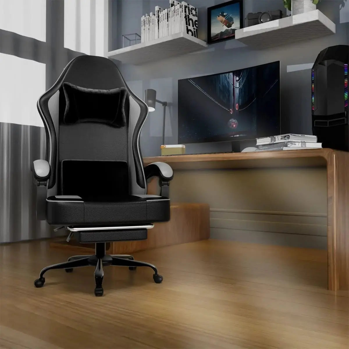 Ergonomic PU Leather Gaming Chair with Pocket Springs, Footrest, and Lumbar Support for Pro Gamers Platinum-Level Office Chairs