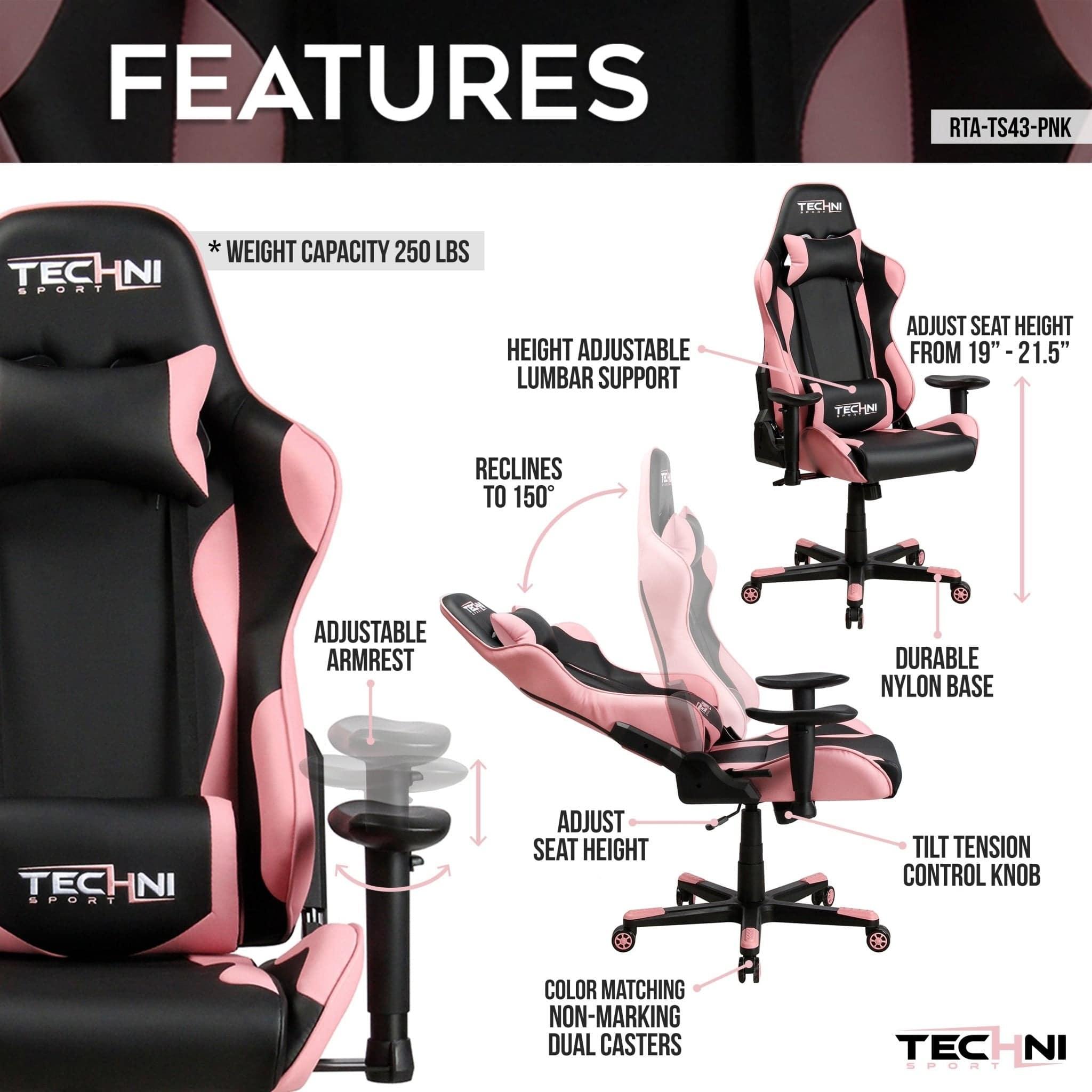 Pink Racer Style Ergonomic High Back PC Gaming Chair by Techni Sport TS-4300 - Platinum-Level Office Chairs