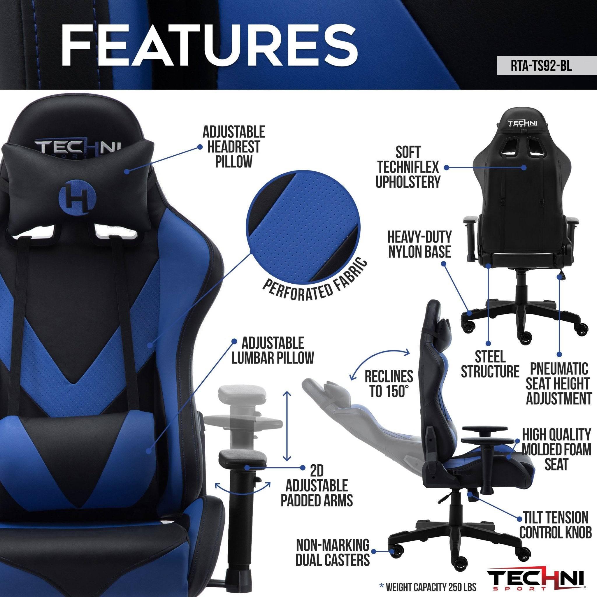 Techni Sport TS-92 Blue and Black Ergonomic Gaming Chair for Office and PC Use - Platinum-Level Office Chairs