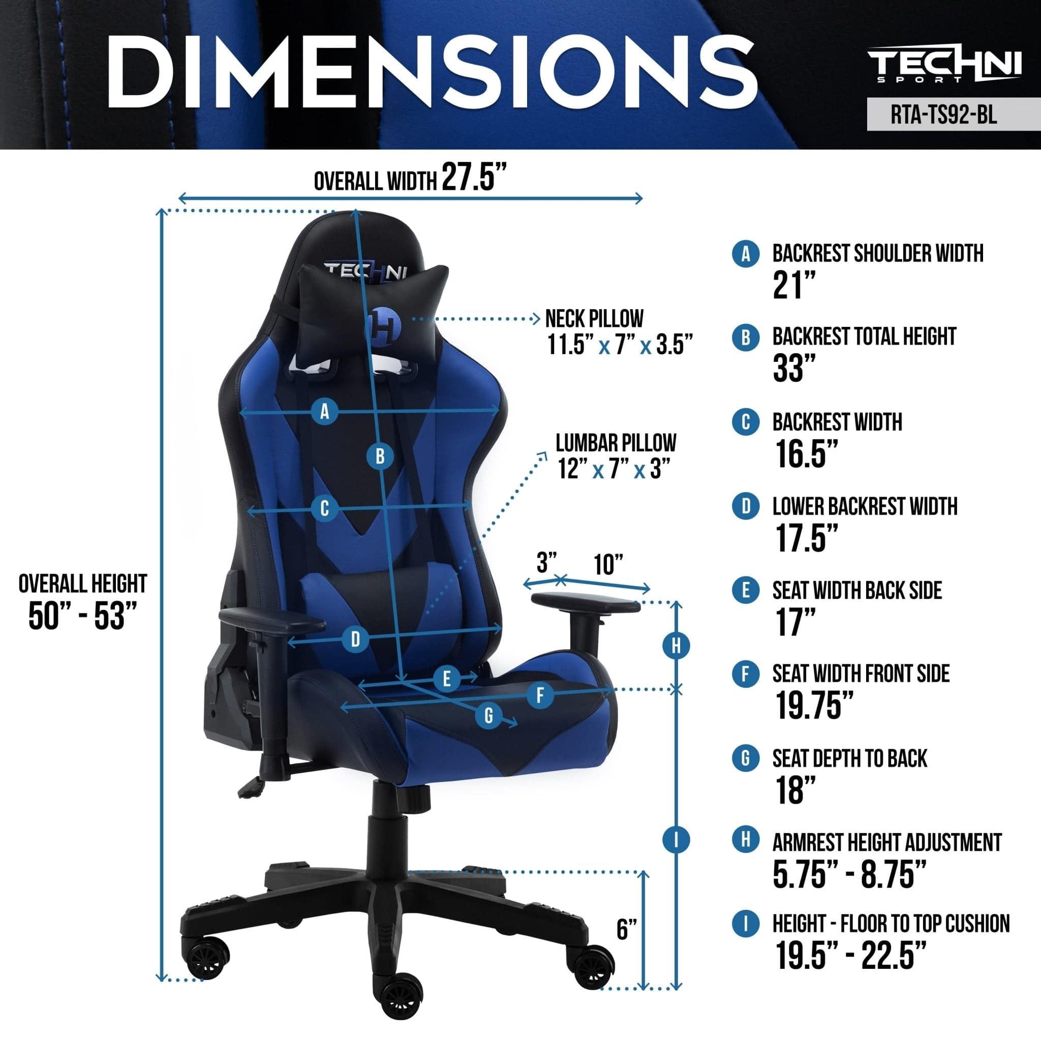 Techni Sport TS-92 Blue and Black Ergonomic Gaming Chair for Office and PC Use - Platinum-Level Office Chairs